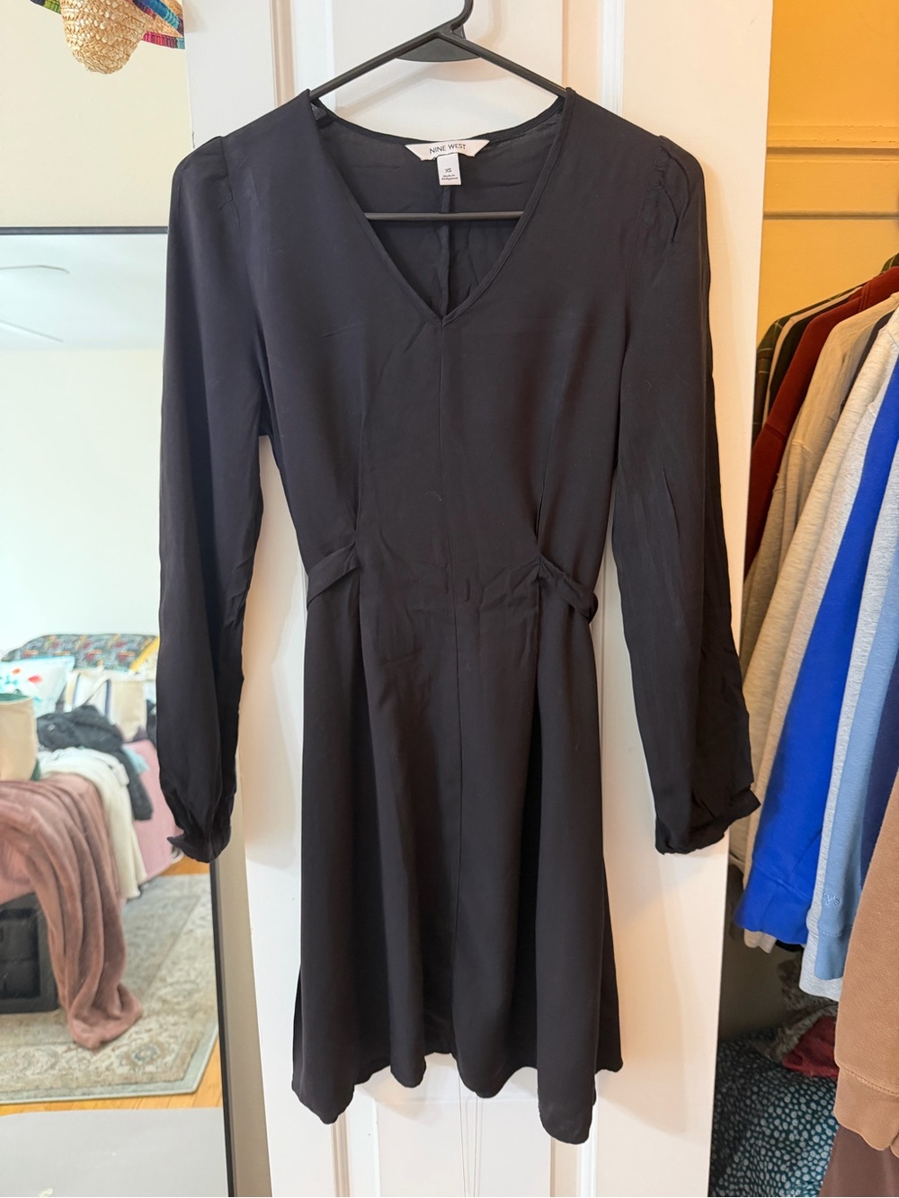 Nine West Black V-Neck Long Sleeve A-Line Dress